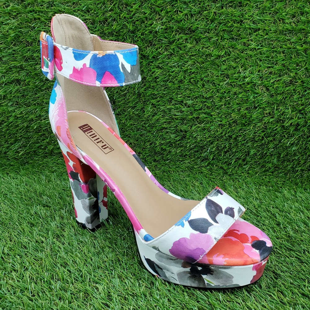 IDIFU IN5 Sabrina SIZE 8 Women's Floral Platform Chunky Heels Purple Multi